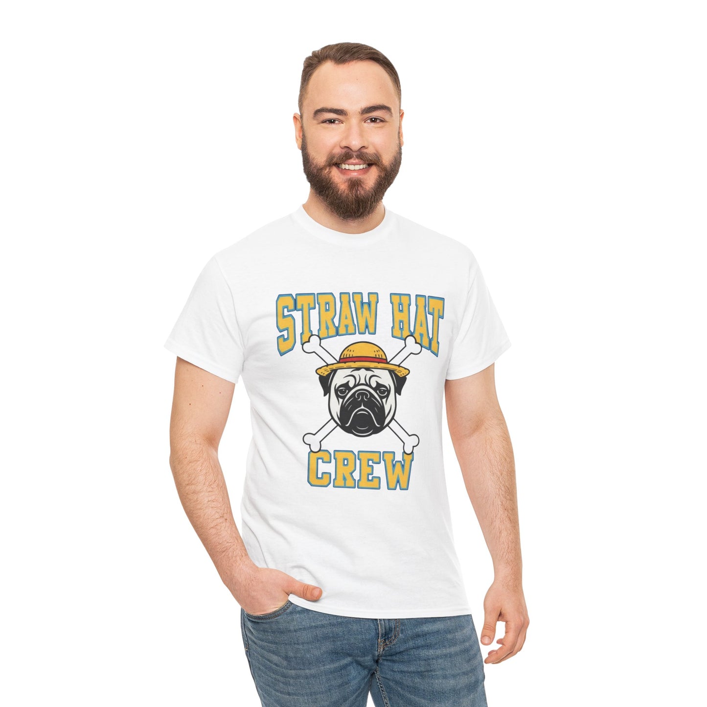 Cute Trendy Poogs Pug Straw Hat Crew Tee, Casual Dog Lover's T-Shirt, Gift for Pet Owners, Funny Friendship Shirt, Unisex Cotton Tee