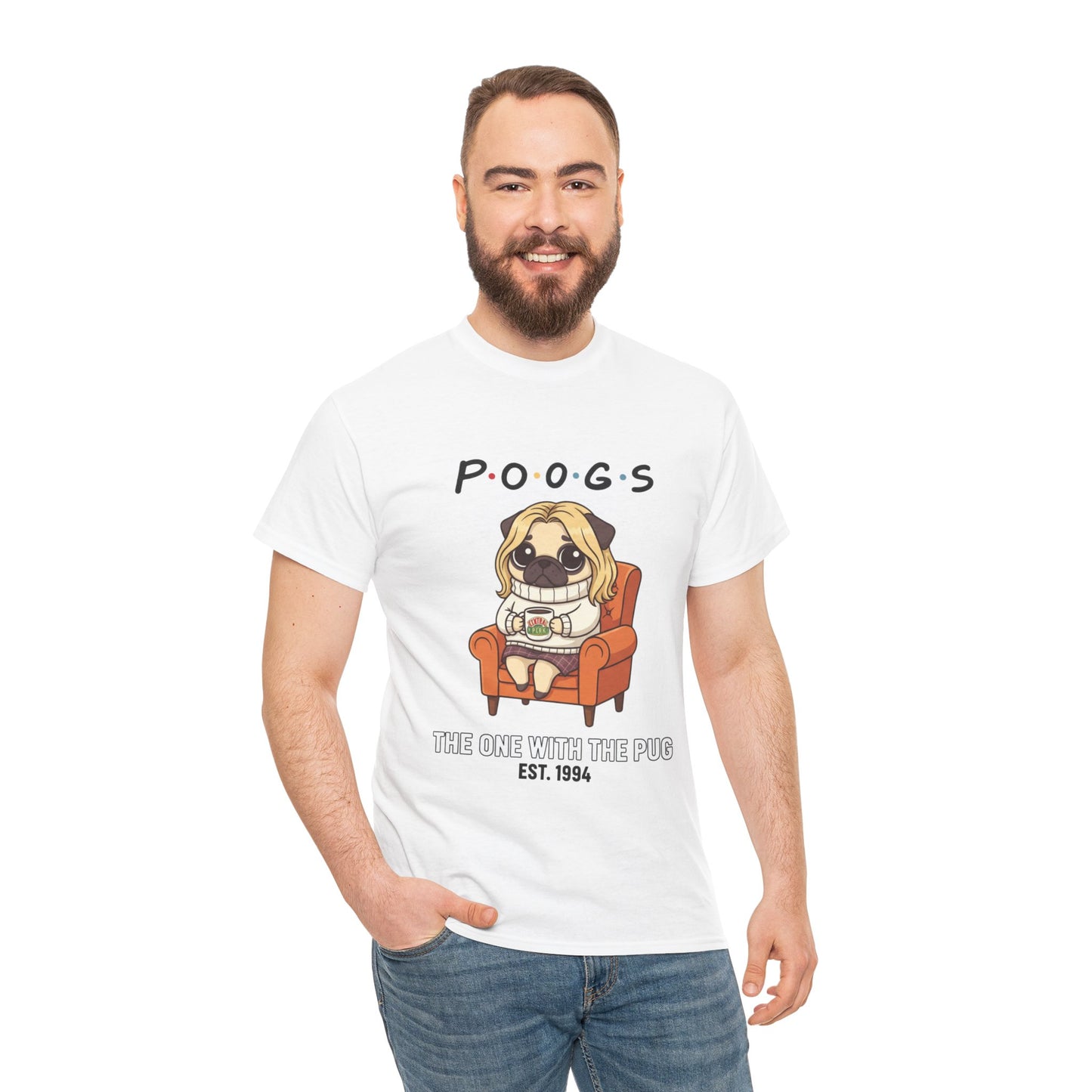 Cute Friends Poogs The One with The Pug Rachel Tee, Casual Dog Lover's T-Shirt, Gift for Pet Owners, Funny Friendship Shirt, Unisex Cotton Tee