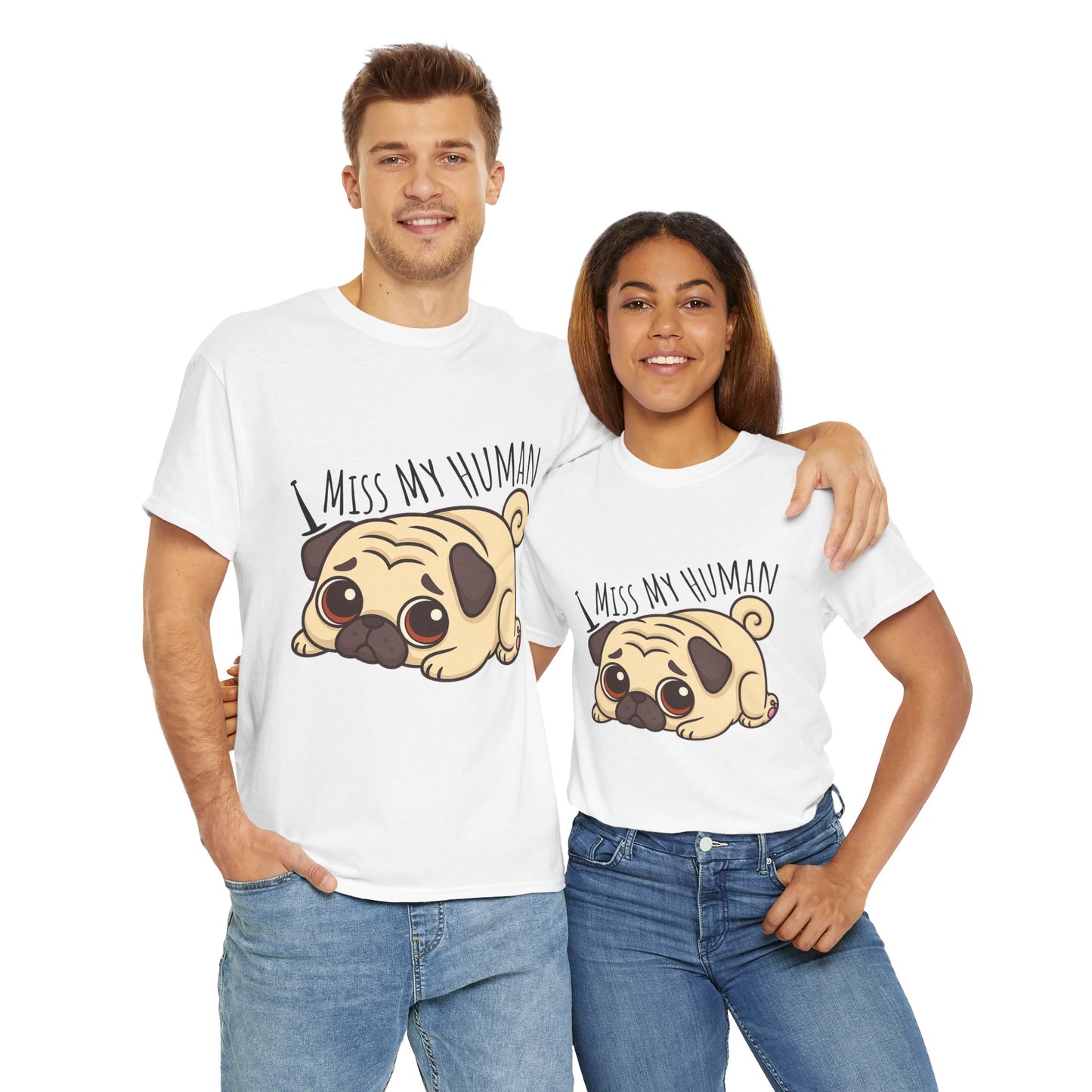 Cute Pug I Miss My Human Tee, Casual Dog Lover's T-Shirt, Gift for Pet Owners, Funny Friendship Shirt, Unisex Cotton Tee