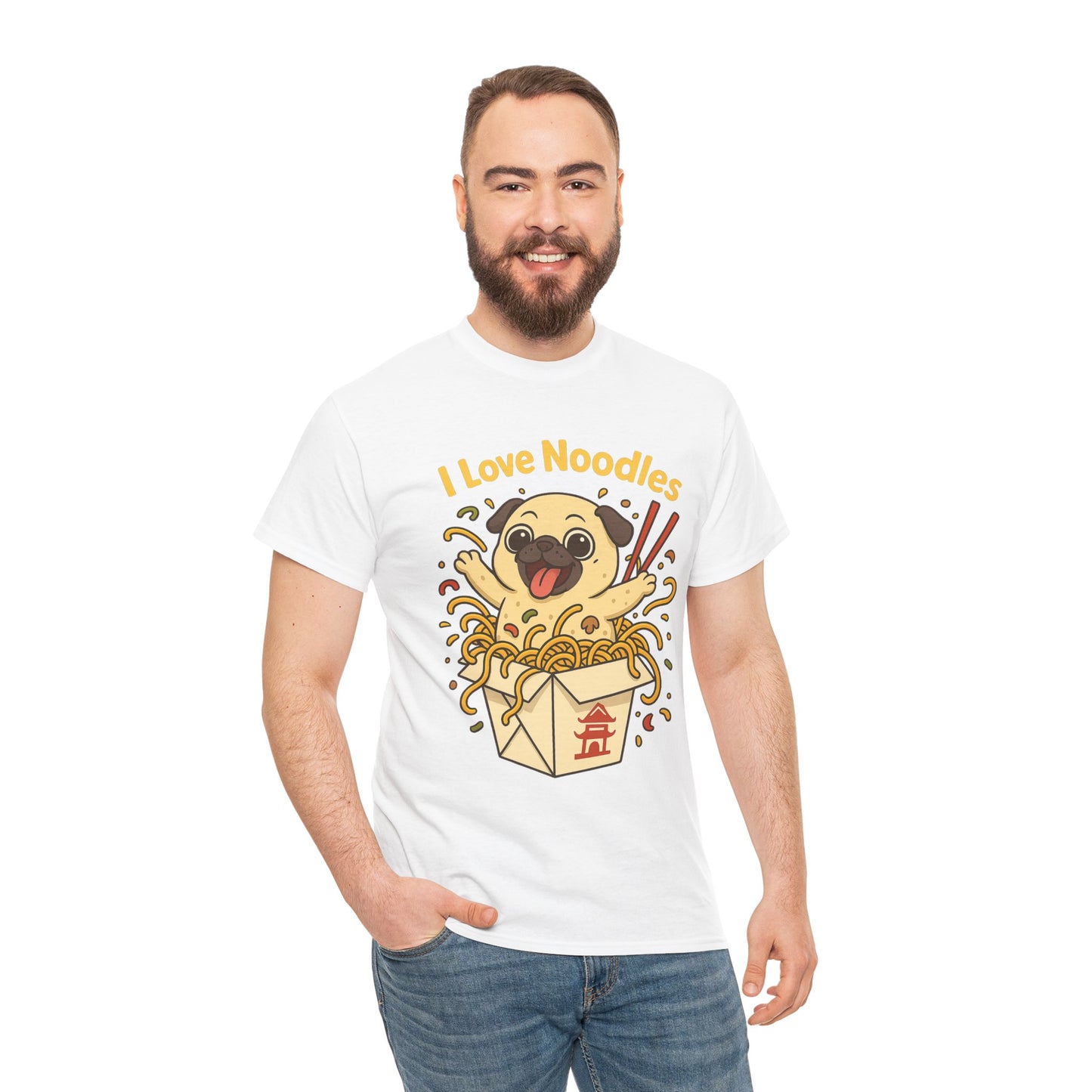 Cute Pug loves Noodles Tee, Casual Dog Lover's T-Shirt, Gift for Pet Owners, Funny Friendship Shirt, Unisex Cotton Tee