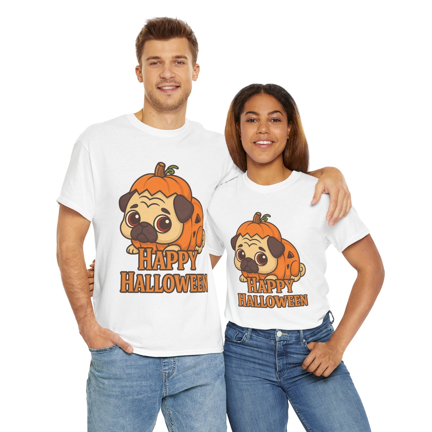 Cute Halloween Pumpkin Pug Tee, Casual Dog Lover's T-Shirt, Halloween Gift for Pet Owners, Funny Friendship Shirt, Unisex Cotton Tee