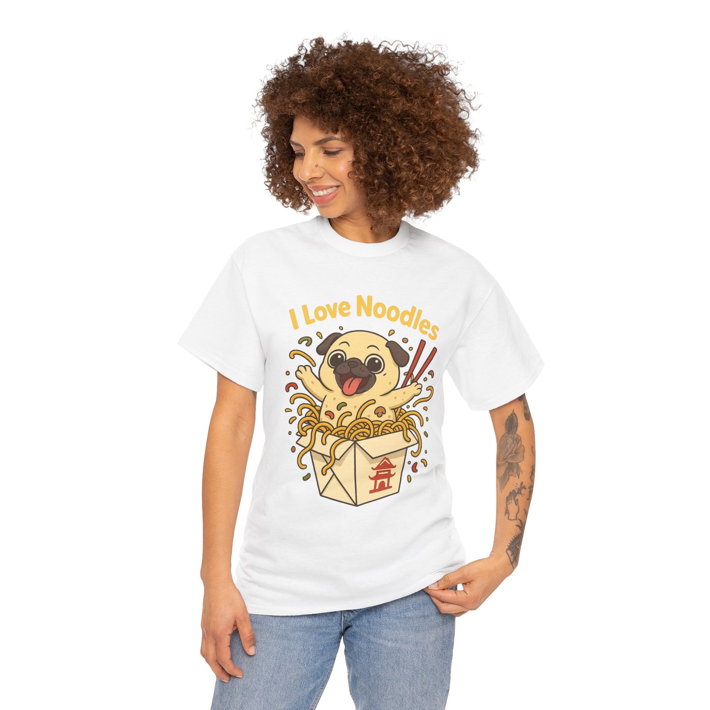 Cute Pug loves Noodles Tee, Casual Dog Lover's T-Shirt, Gift for Pet Owners, Funny Friendship Shirt, Unisex Cotton Tee