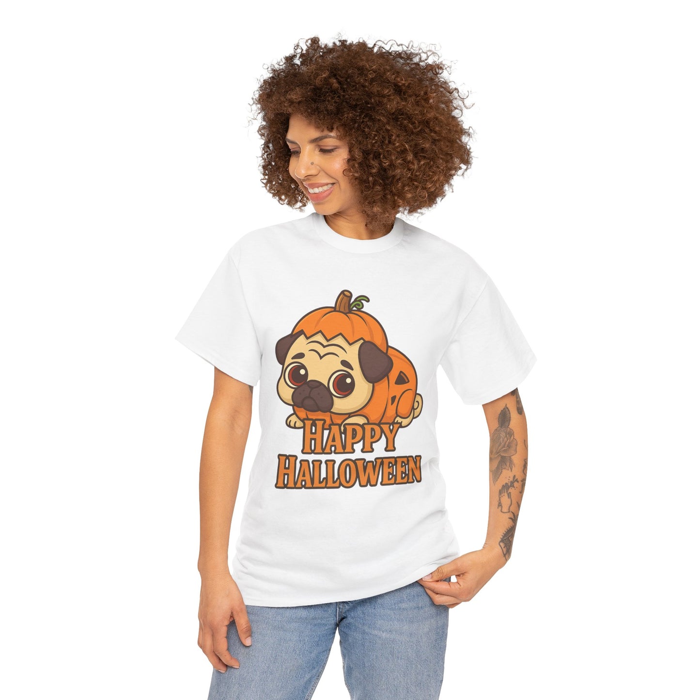 Cute Halloween Pumpkin Pug Tee, Casual Dog Lover's T-Shirt, Halloween Gift for Pet Owners, Funny Friendship Shirt, Unisex Cotton Tee