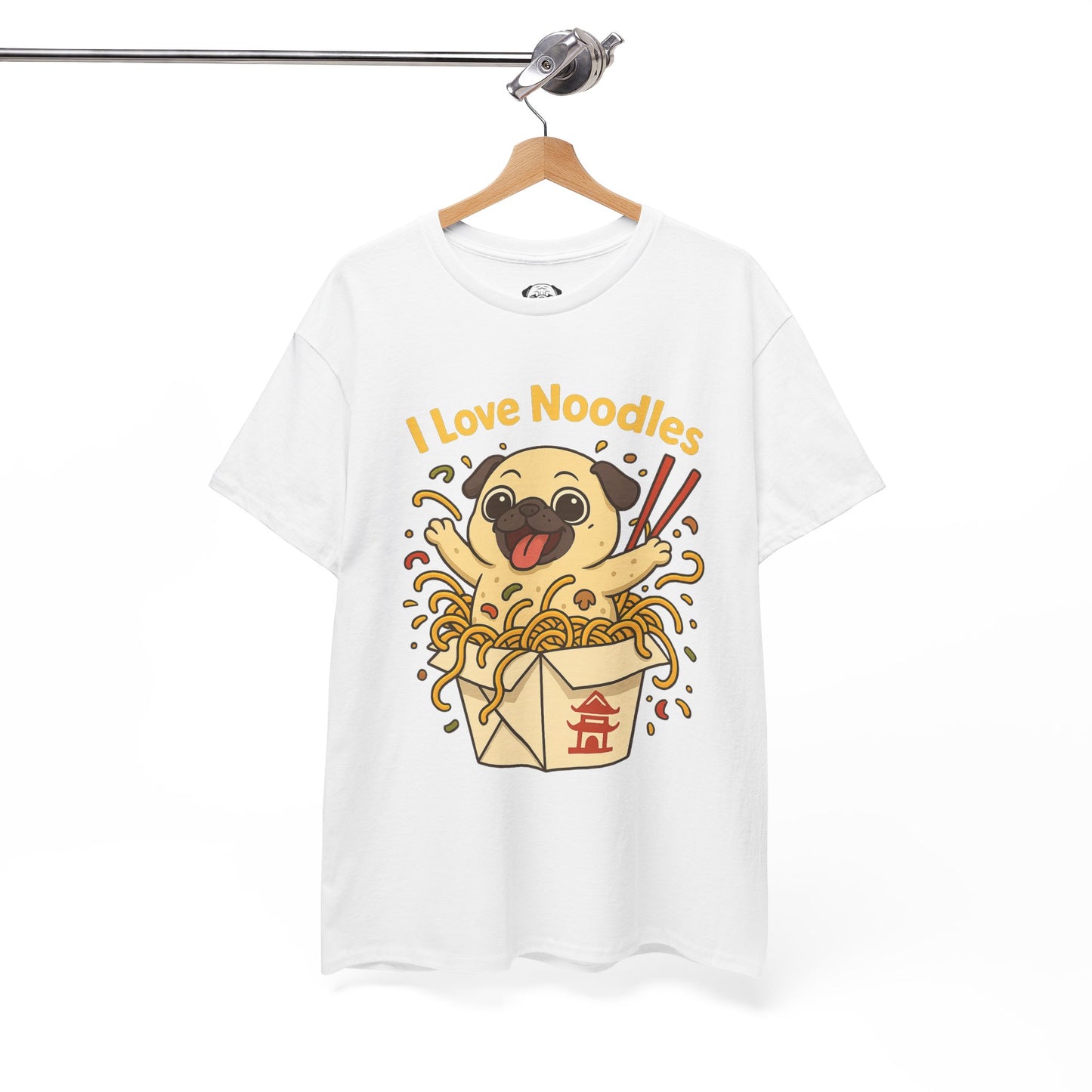 Cute Pug loves Noodles Tee, Casual Dog Lover's T-Shirt, Gift for Pet Owners, Funny Friendship Shirt, Unisex Cotton Tee