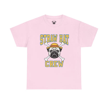 Cute Trendy Poogs Pug Straw Hat Crew Tee, Casual Dog Lover's T-Shirt, Gift for Pet Owners, Funny Friendship Shirt, Unisex Cotton Tee