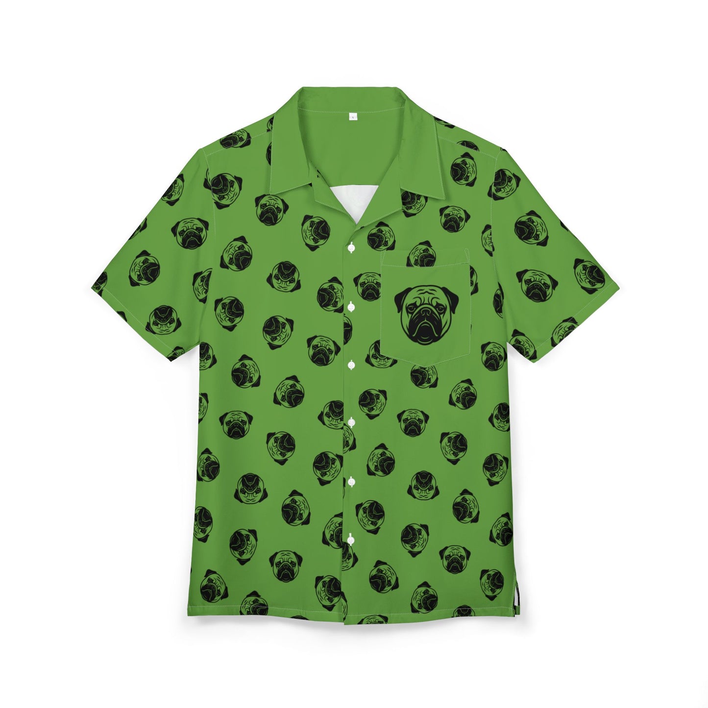 [Green] Trendy Pug Print Poogs Logo Hawaiian Shirt, Casual Summer Button-Down, Beach Vibes Shirt, Pet Lover Gift, Fun Vacation Attire, AOP Shirt