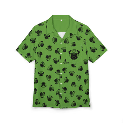 [Green] Trendy Pug Print Poogs Logo Hawaiian Shirt, Casual Summer Button-Down, Beach Vibes Shirt, Pet Lover Gift, Fun Vacation Attire, AOP Shirt
