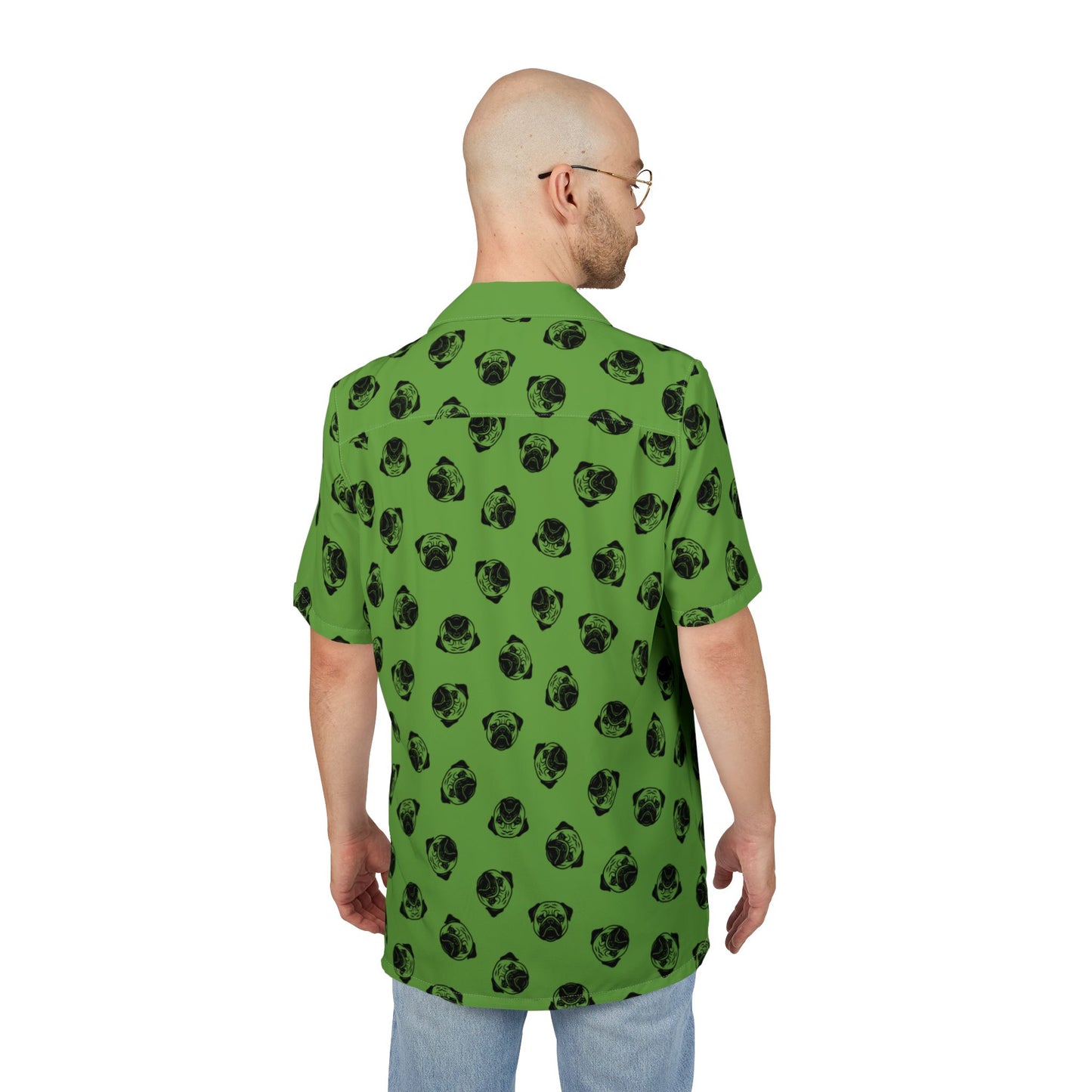 [Green] Trendy Pug Print Poogs Logo Hawaiian Shirt, Casual Summer Button-Down, Beach Vibes Shirt, Pet Lover Gift, Fun Vacation Attire, AOP Shirt
