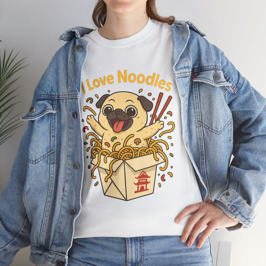 Cute Pug loves Noodles Tee, Casual Dog Lover's T-Shirt, Gift for Pet Owners, Funny Friendship Shirt, Unisex Cotton Tee