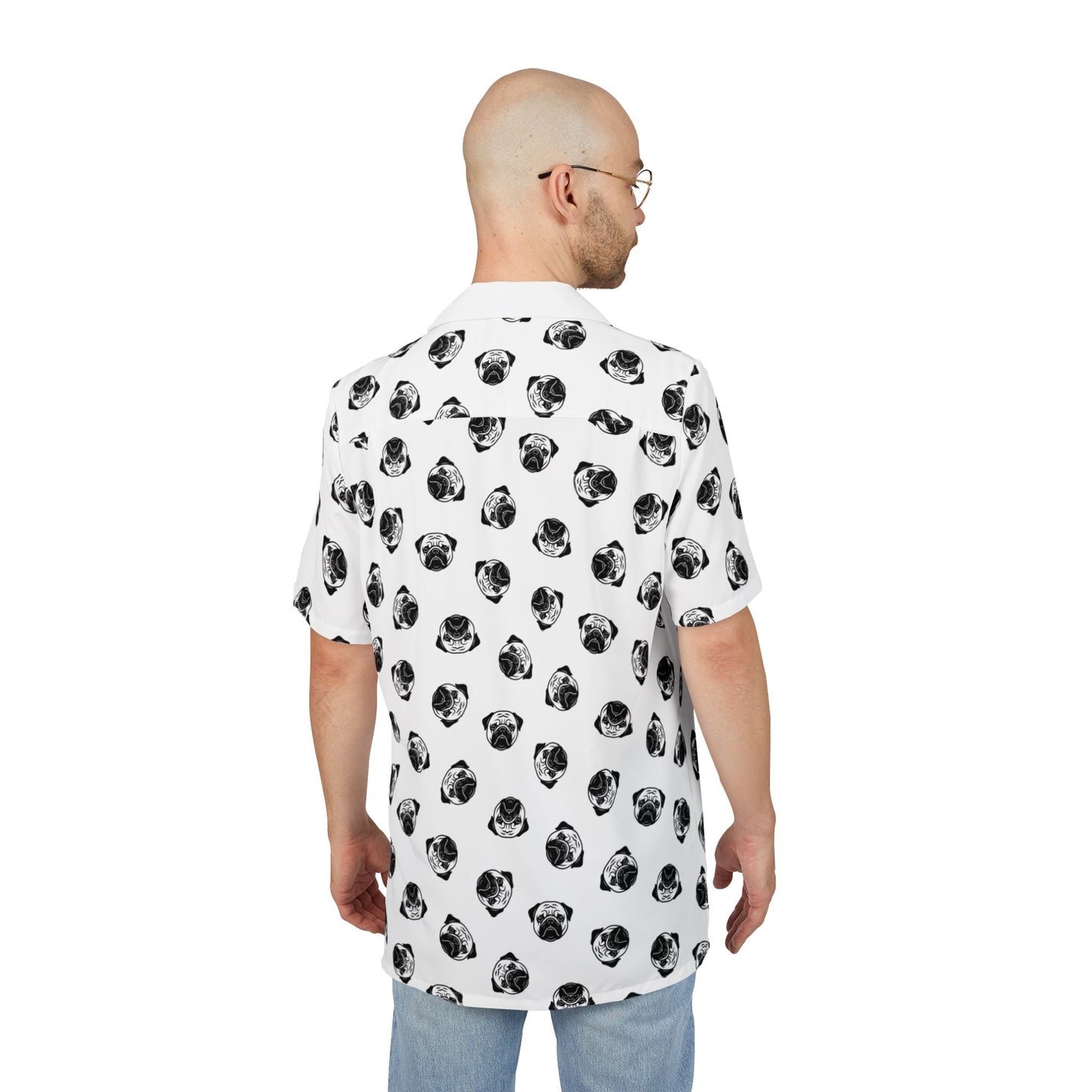 [White] Trendy Pug Print Poogs Logo Hawaiian Shirt, Casual Summer Button-Down, Beach Vibes Shirt, Pet Lover Gift, Fun Vacation Attire, AOP Shirt