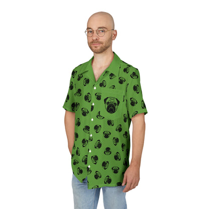 [Green] Trendy Pug Print Poogs Logo Hawaiian Shirt, Casual Summer Button-Down, Beach Vibes Shirt, Pet Lover Gift, Fun Vacation Attire, AOP Shirt