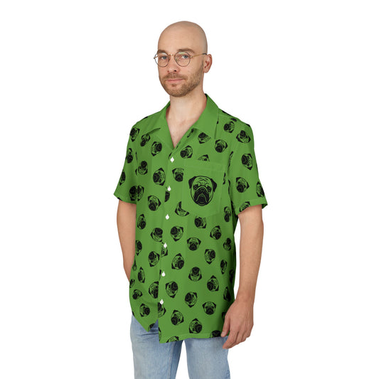 [Green] Trendy Pug Print Poogs Logo Hawaiian Shirt, Casual Summer Button-Down, Beach Vibes Shirt, Pet Lover Gift, Fun Vacation Attire, AOP Shirt