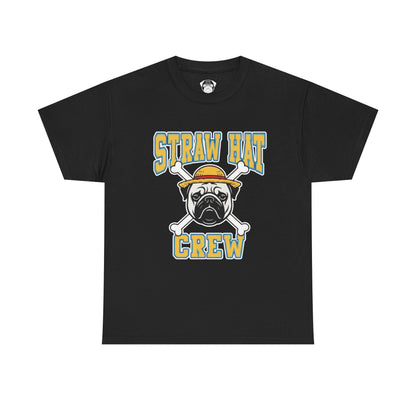 Cute Trendy Poogs Pug Straw Hat Crew Tee, Casual Dog Lover's T-Shirt, Gift for Pet Owners, Funny Friendship Shirt, Unisex Cotton Tee