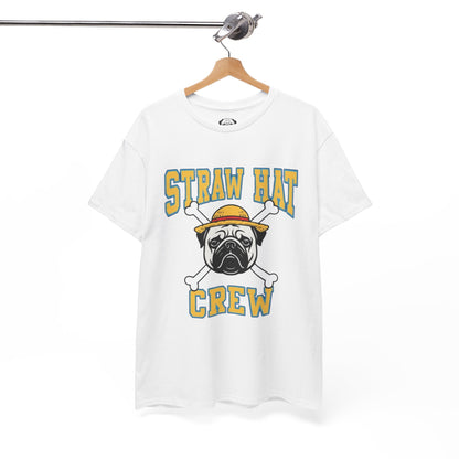 Cute Trendy Poogs Pug Straw Hat Crew Tee, Casual Dog Lover's T-Shirt, Gift for Pet Owners, Funny Friendship Shirt, Unisex Cotton Tee