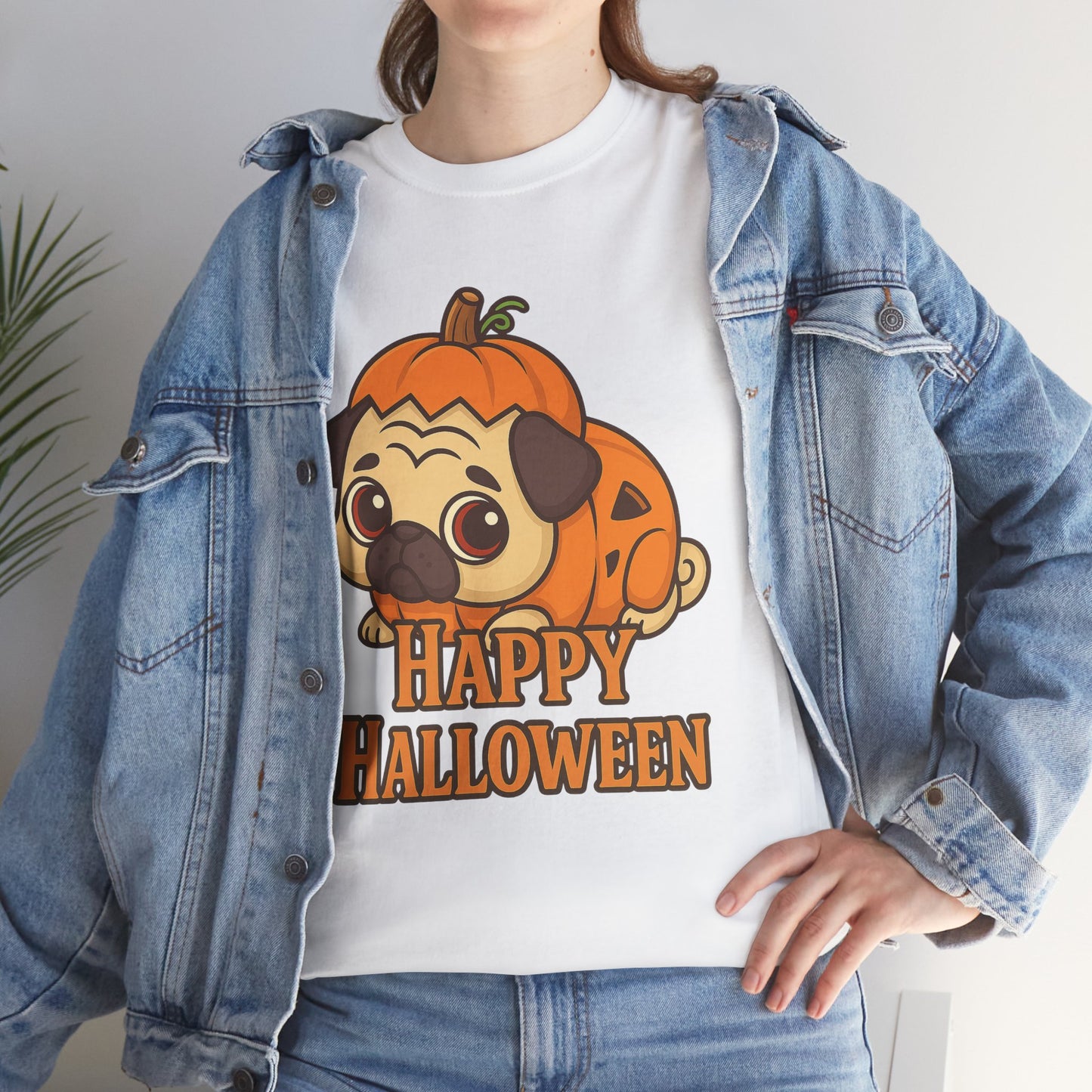 Cute Halloween Pumpkin Pug Tee, Casual Dog Lover's T-Shirt, Halloween Gift for Pet Owners, Funny Friendship Shirt, Unisex Cotton Tee