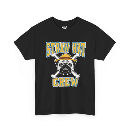 Cute Trendy Poogs Pug Straw Hat Crew Tee, Casual Dog Lover's T-Shirt, Gift for Pet Owners, Funny Friendship Shirt, Unisex Cotton Tee