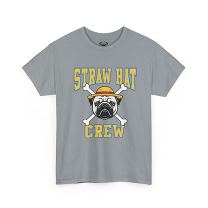Cute Trendy Poogs Pug Straw Hat Crew Tee, Casual Dog Lover's T-Shirt, Gift for Pet Owners, Funny Friendship Shirt, Unisex Cotton Tee