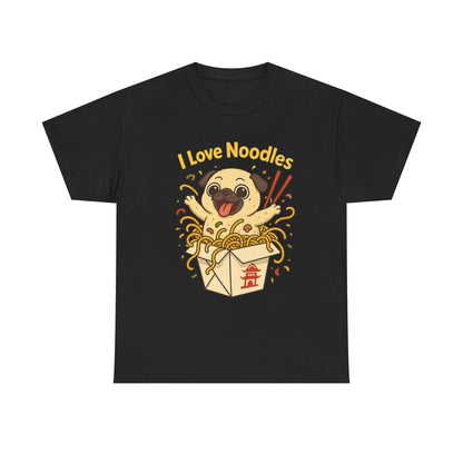 Cute Pug loves Noodles Tee, Casual Dog Lover's T-Shirt, Gift for Pet Owners, Funny Friendship Shirt, Unisex Cotton Tee