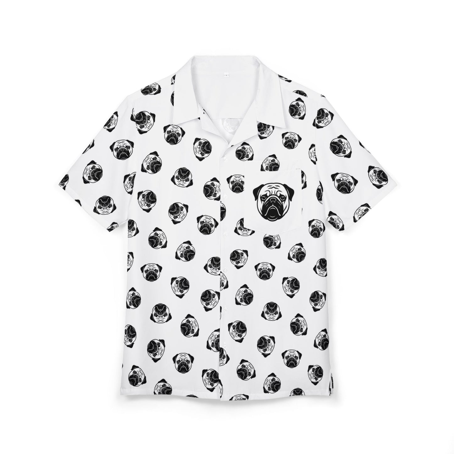 [White] Trendy Pug Print Poogs Logo Hawaiian Shirt, Casual Summer Button-Down, Beach Vibes Shirt, Pet Lover Gift, Fun Vacation Attire, AOP Shirt