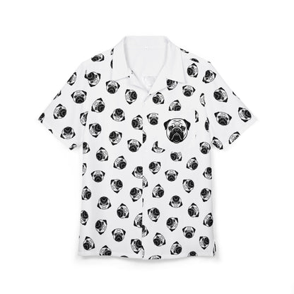[White] Trendy Pug Print Poogs Logo Hawaiian Shirt, Casual Summer Button-Down, Beach Vibes Shirt, Pet Lover Gift, Fun Vacation Attire, AOP Shirt