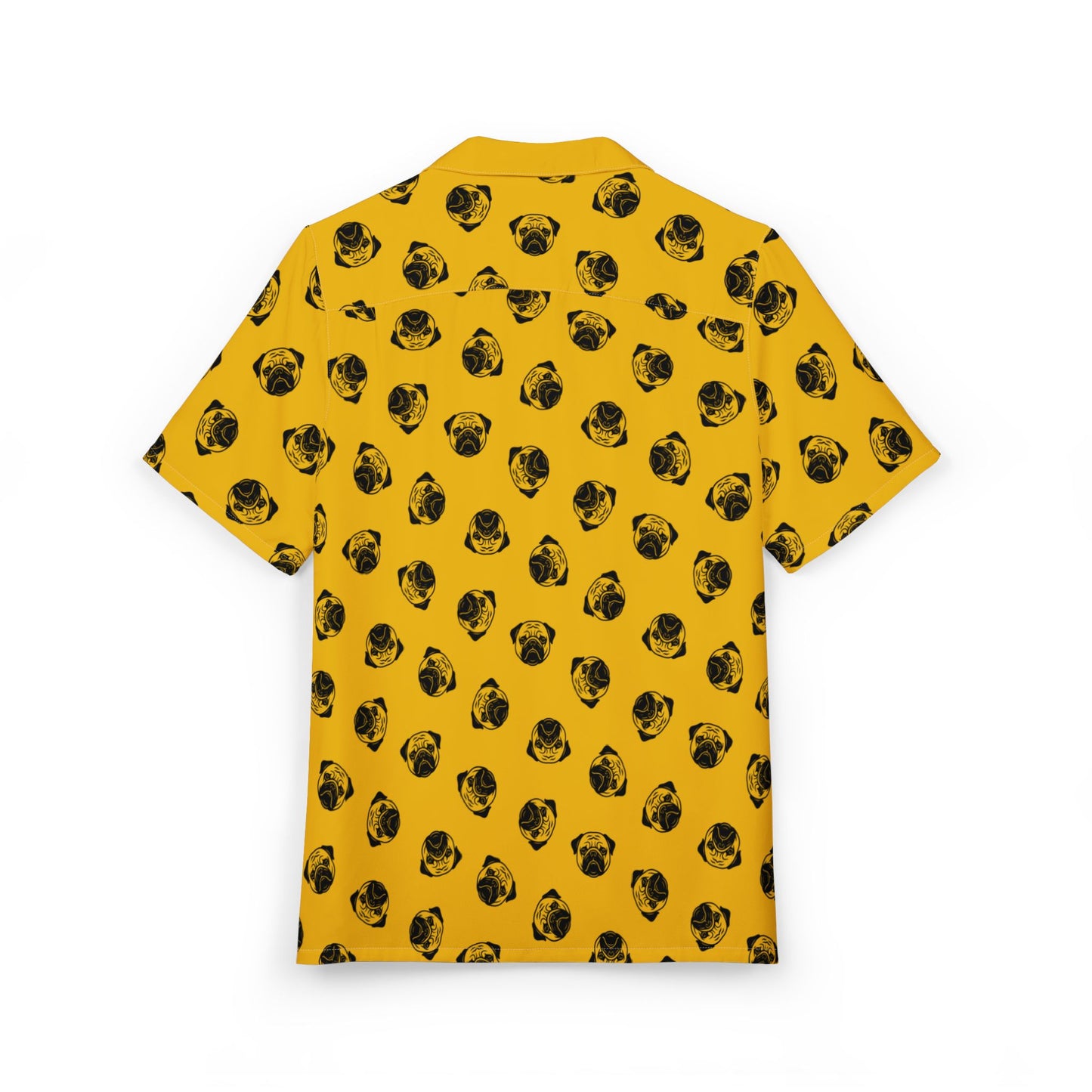 [Yellow] Trendy Pug Print Poogs Logo Hawaiian Shirt, Casual Summer Button-Down, Beach Vibes Shirt, Pet Lover Gift, Fun Vacation Attire, AOP Shirt