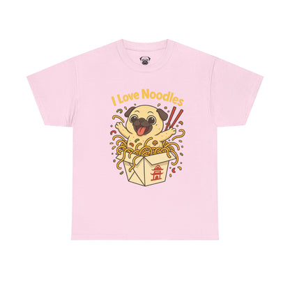 Cute Pug loves Noodles Tee, Casual Dog Lover's T-Shirt, Gift for Pet Owners, Funny Friendship Shirt, Unisex Cotton Tee