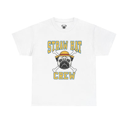 Cute Trendy Poogs Pug Straw Hat Crew Tee, Casual Dog Lover's T-Shirt, Gift for Pet Owners, Funny Friendship Shirt, Unisex Cotton Tee