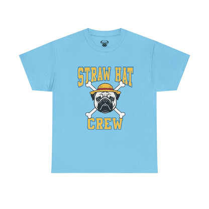 Cute Trendy Poogs Pug Straw Hat Crew Tee, Casual Dog Lover's T-Shirt, Gift for Pet Owners, Funny Friendship Shirt, Unisex Cotton Tee