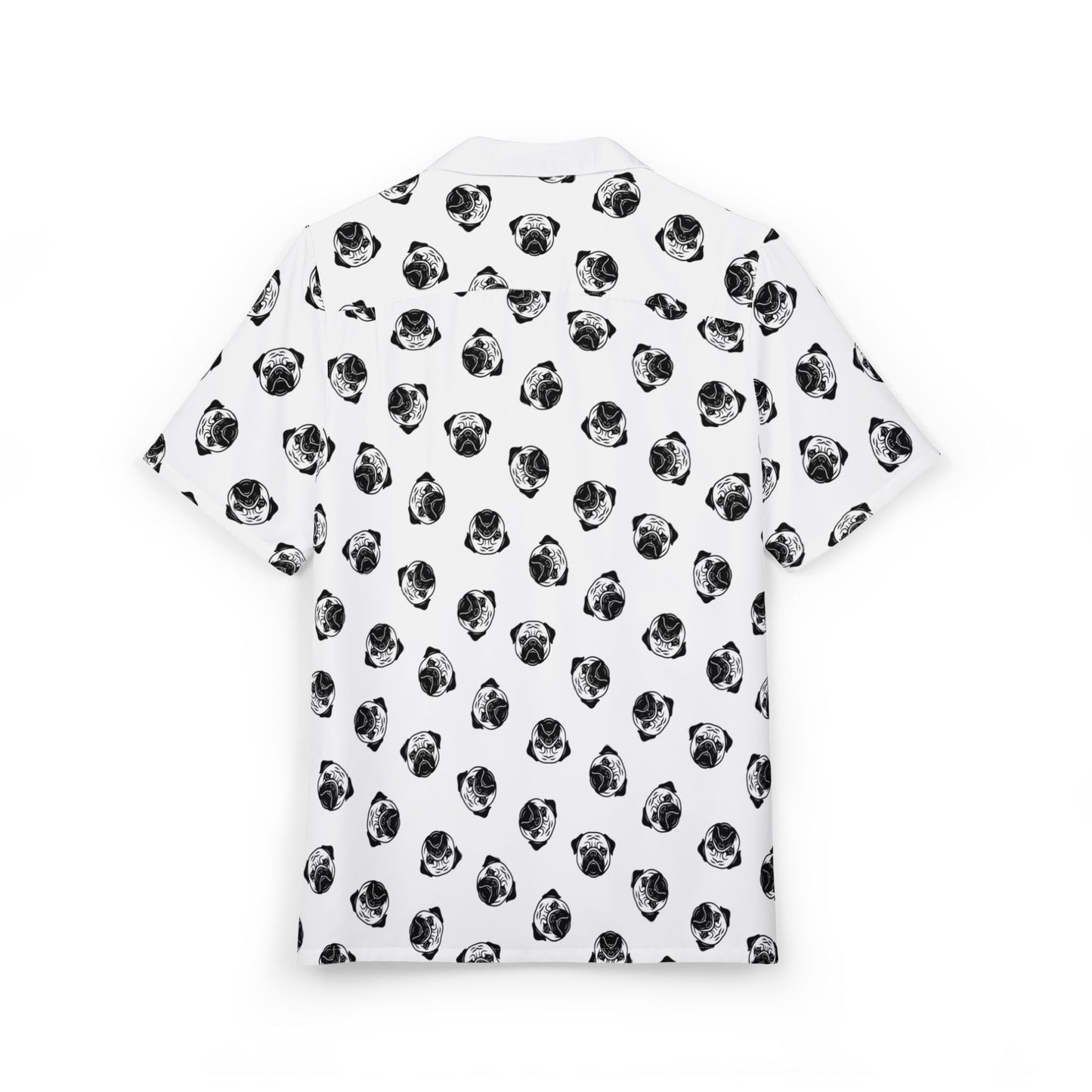 [White] Trendy Pug Print Poogs Logo Hawaiian Shirt, Casual Summer Button-Down, Beach Vibes Shirt, Pet Lover Gift, Fun Vacation Attire, AOP Shirt