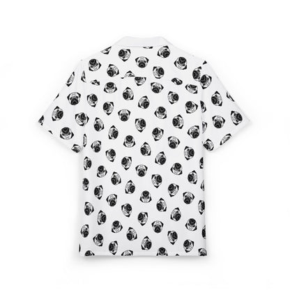 [White] Trendy Pug Print Poogs Logo Hawaiian Shirt, Casual Summer Button-Down, Beach Vibes Shirt, Pet Lover Gift, Fun Vacation Attire, AOP Shirt