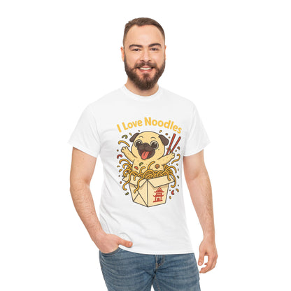 Cute Pug loves Noodles Tee, Casual Dog Lover's T-Shirt, Gift for Pet Owners, Funny Friendship Shirt, Unisex Cotton Tee