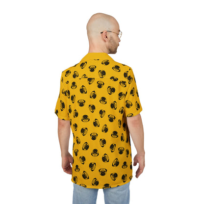 [Yellow] Trendy Pug Print Poogs Logo Hawaiian Shirt, Casual Summer Button-Down, Beach Vibes Shirt, Pet Lover Gift, Fun Vacation Attire, AOP Shirt