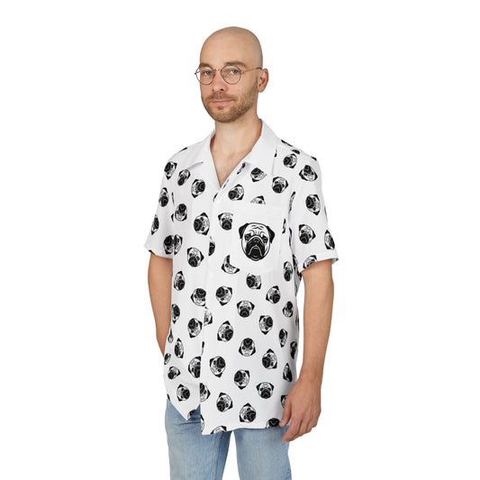 [White] Trendy Pug Print Poogs Logo Hawaiian Shirt, Casual Summer Button-Down, Beach Vibes Shirt, Pet Lover Gift, Fun Vacation Attire, AOP Shirt