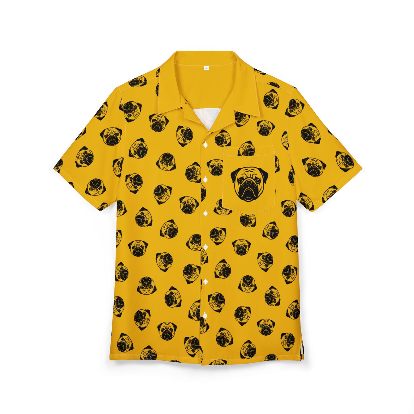 [Yellow] Trendy Pug Print Poogs Logo Hawaiian Shirt, Casual Summer Button-Down, Beach Vibes Shirt, Pet Lover Gift, Fun Vacation Attire, AOP Shirt