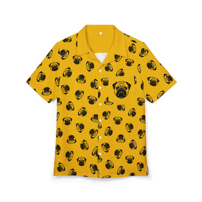 [Yellow] Trendy Pug Print Poogs Logo Hawaiian Shirt, Casual Summer Button-Down, Beach Vibes Shirt, Pet Lover Gift, Fun Vacation Attire, AOP Shirt