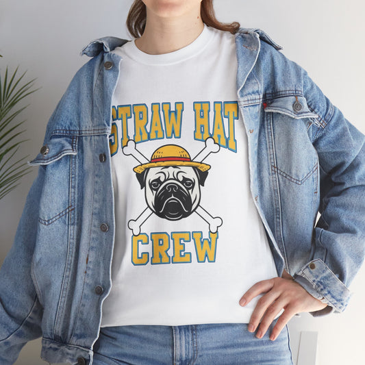 Cute Trendy Poogs Pug Straw Hat Crew Tee, Casual Dog Lover's T-Shirt, Gift for Pet Owners, Funny Friendship Shirt, Unisex Cotton Tee