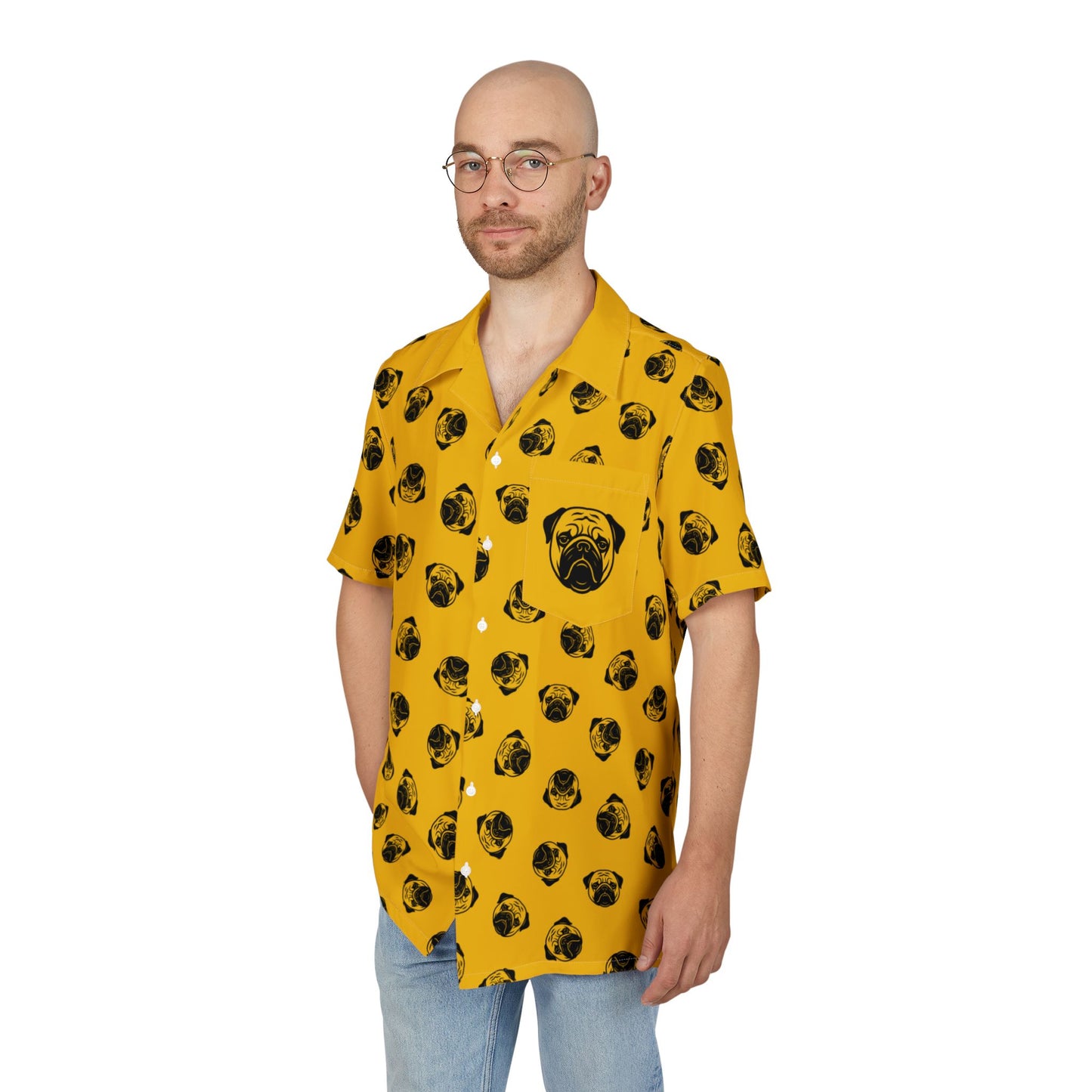 [Yellow] Trendy Pug Print Poogs Logo Hawaiian Shirt, Casual Summer Button-Down, Beach Vibes Shirt, Pet Lover Gift, Fun Vacation Attire, AOP Shirt