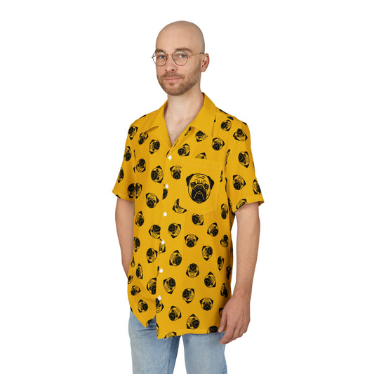 [Yellow] Trendy Pug Print Poogs Logo Hawaiian Shirt, Casual Summer Button-Down, Beach Vibes Shirt, Pet Lover Gift, Fun Vacation Attire, AOP Shirt
